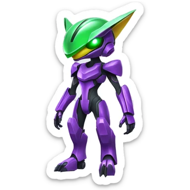 a shiny purple-green Genesect-Raptor-Fakémon—hybrid with a futuristic visor-helmet full body sticker
