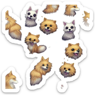 Black iridescent fluffy dog fox head zombie skeleton gold mechanical nebula galaxy stars flowers fairy lights vintage sticker