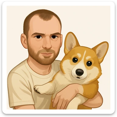 Edit the emoji-style illustration to make the man look more similar to the person in the provided photo, while keeping the corgi dog and maintaining the overall emoji style. sticker