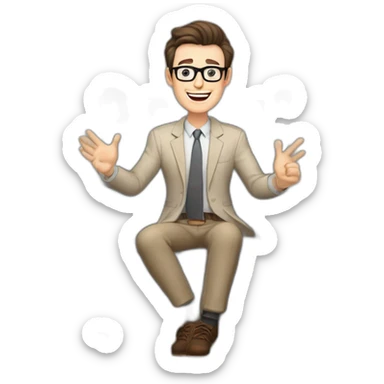 Joyful Celebrating victory Hands up Pale skinned Fit Man With dark brown hair in gray jacket, beige office shirt, Brown pants and vintage glasses sitting In a soft chair sticker