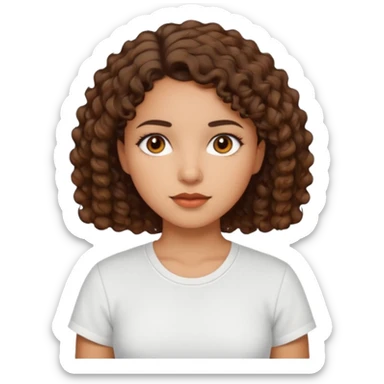 A Latina girl with brown eyes and short curly hair with a white shirt sticker