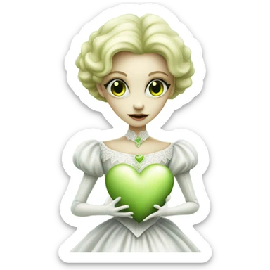 "galora green blonde alien woman" in white Victorian dress elegant, full body holdig big hearth sticker