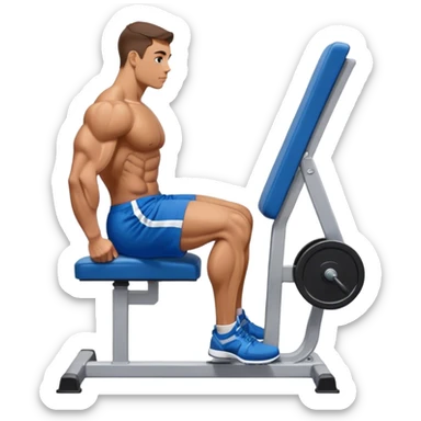 side-view bodybuilder in blue shorts seated weighted calf-raise machine on his tip toes sticker