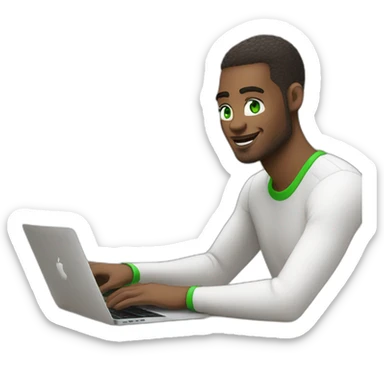 White Software engineer with green eyes coding on a macbook with AirPods sticker