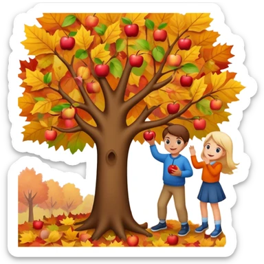 kids picking apples from a tree in autumn, colorful fall leaves, cheerful expressions sticker