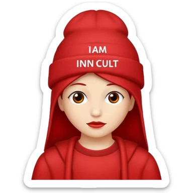 Red hat that says "I AM IN A CULT" in white text sticker