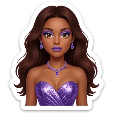 Solange with dark brown eyes, periwinkle eyeshadow and lipstick, long dark auburn hair, periwinkle metallic sweetheart dress, periwinkle necklace and earrings sticker