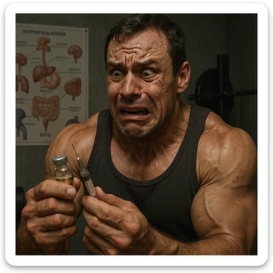  bodybuilder che si fa prendere dalla paura e fa cavolate, come una fiala ogni 2 settimane finisce che sopprimi comunque l'HPT ma senza alcun risultato visibile, iperealistica sticker