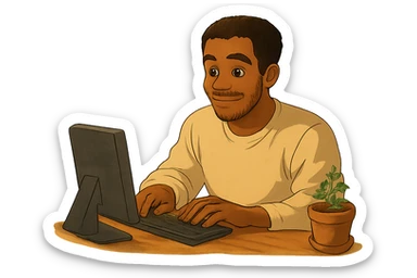 Remove the background, leaving only the main character, his desk, and his computer in Ghibli style with a transparent background. sticker