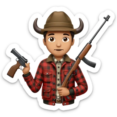 Man wearing buffalo plaid jacket with plaid hat, holding rifle sticker