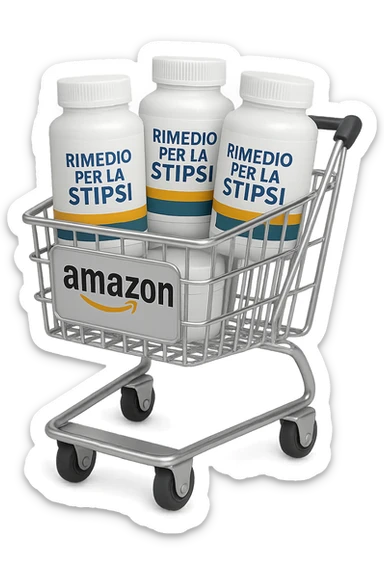 emoji stile iphone di un carrello per la spesa con l'icona di amazon stampata sopra, dentro al carretto ci sono varie boccette di integratori con la scritta "RIMEDIO PER LA STIPSI", iperrealistico 4k sticker