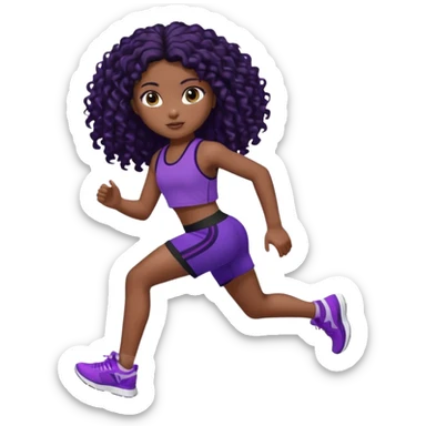 Uma boneca morena escura com olhos castanhos e cabelo cacheado longo preto até o peito, treinando correndo a roupa top curto, roxo com detalhes preto e short roxo com detalhes preto sticker