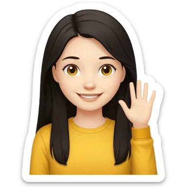 girl using her laptop, long dark hair with no part, white skin and yellow shirt long sleeves, smiling sticker