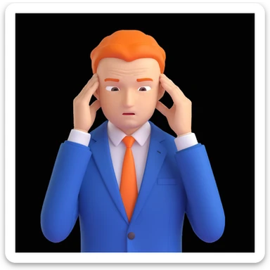 memoji style businessman in a blue suit, stressed expression, holding head sticker