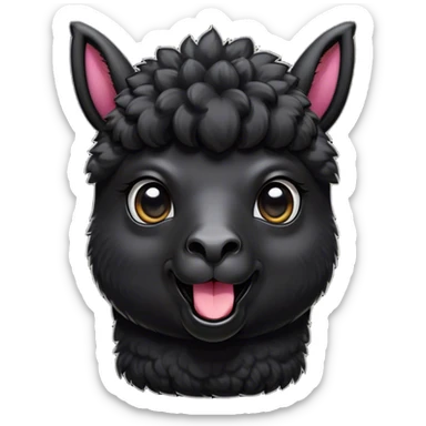 Cinematic Comical Black Alpaca Portrait Emoji, Head tilted dramatically with an exaggeratedly amused expression, featuring a striking jet-black fleece with playful texture, wide, expressive dark eyes filled with playful disbelief, Simplified yet hilariously expressive features, highly detailed, glowing with a slightly sassy glow, high shine, dramatic yet playful, stylized with an air of cheeky mischief, bright and endearing, soft glowing outline, capturing the essence of a spirited and over-the-top alpaca, so meme-worthy it feels like it could side-eye its way into internet fame instantly! sticker