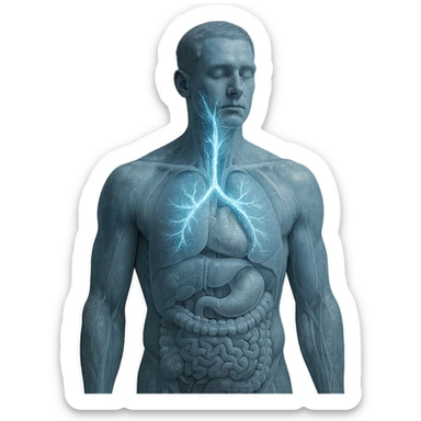 realistic human body with vagus nerve highlighted, anatomical details, vagus nerve path clearly visible, cold effect with blue glow and ice crystals along the nerve, transparency showing internal organs, neutral background sticker