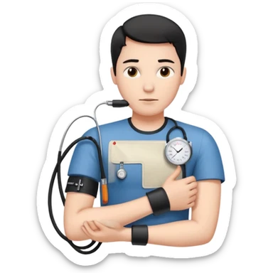 blood pressure cuff wrapped around upper arm with dial reading female sticker