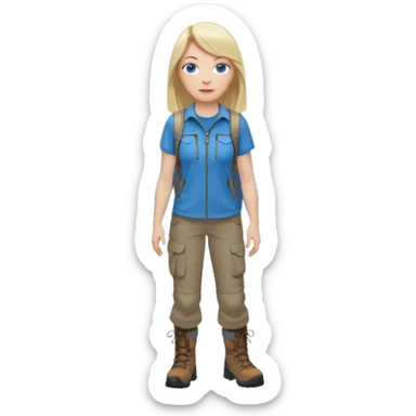 45 yr old white woman, pale skin, long straight blond hair parted in center, blue eyes, bangs, clothes for hike sticker
