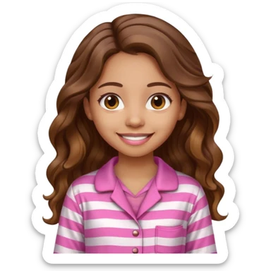 lightskin girl  pink and white striped pajama shirt shirt and long wavy brown brown hair  sticker
