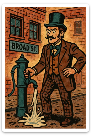 A victorian man standing on a dirty london street called Broad Street standing next to a broken water pump sticker