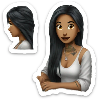 beautiful girl with tattoos, with long black hair, typing on laptop sticker