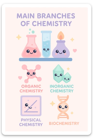 A creative and unique poster about the main branches of chemistry. The poster should have a central theme that ties all the branches together, such as a laboratory setup: Organic Chemistry, Inorganic Chemistry, Physical Chemistry, Analytical Chemistry, and Biochemistry. Include icons and illustrations for each branch, such as molecular structures for Organic Chemistry, crystals or minerals for Inorganic Chemistry, graphs or equations for Physical Chemistry, laboratory equipment for Analytical Chemistry, and DNA strands or biological molecules for Biochemistry. Use a vibrant and cohesive color scheme with different colors for each branch. The layout should be clean and organized with clear headings and concise descriptions. sticker