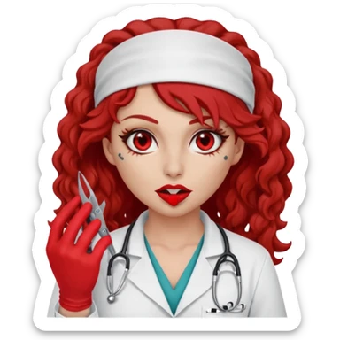 Lilith scalpel in hand, evil surgeon sexy surgeon clothes.  She has red eyes. She brown long curly hair. Wears sexy doctor outfit with red gloves. Hides mouth necknose with red bandana to hide her identity sticker