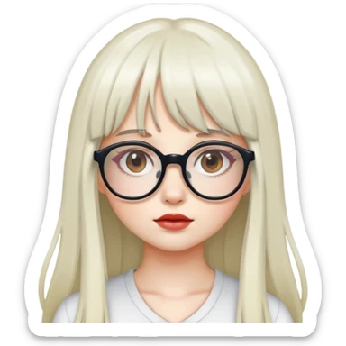 a girl with white skin, long hair with bangs, with a cute glasses sticker