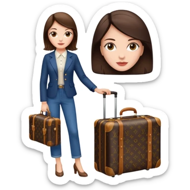 White woman brunette with a suitcase LV sticker