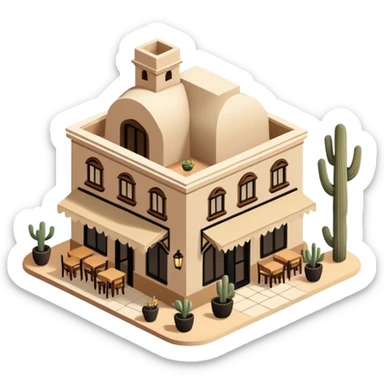 Isometric exterior little black, beige, and white southwestern desert Mexican restaurant, dollhouse style 3D realistic  sticker