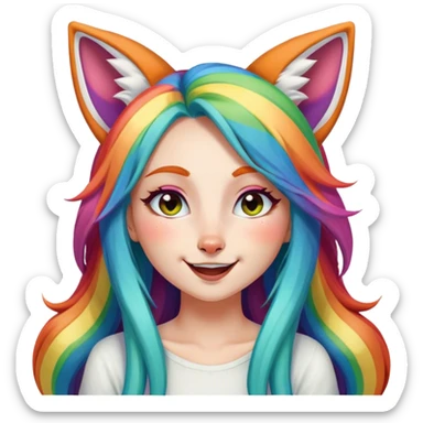 Pretty girl with long rainbow hair and big fox ears winking sticker