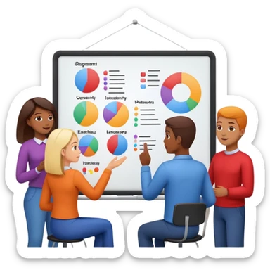 design team around a whiteboard with colorful diagrams sticker