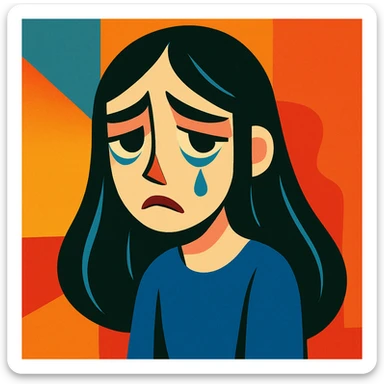 pale girl with long black hair, sad expression, emotional, stylized, unique visual takes, vibrant toon style sticker