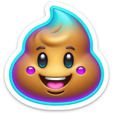 futuristic glowing poop emoji with funny smiling face, purple and cyan neon glow, dark background sticker