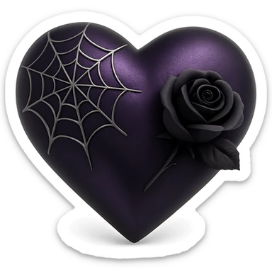 gothic heart in 3D black style, deep purple satin texture, silver spiderweb pattern, black rose accent, mysterious and elegant mood sticker
