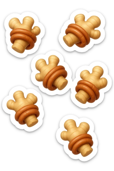 emoji stile iphone 3d di 6 piccoli pezzi di zenzero che fluttuano in aria con pezzi di colon arrotolati intorno, iperrealistico 4k sticker