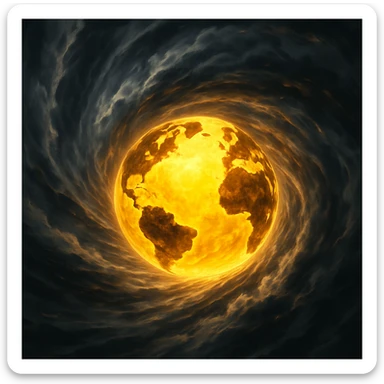 spinning yellow globe surrounded by hurricane winds, dramatic, energetic sticker