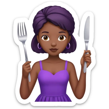 Black girl wearing a purple dress and holding a fork  sticker