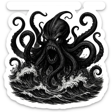 black fierce kraken, emerging from waves, intimidating look, stylized as a dramatic sea monster, dynamic and detailed illustration sticker
