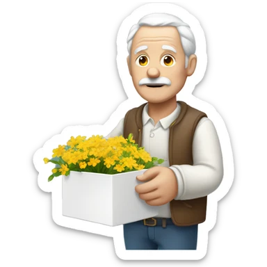 Old man white open little box in his hand whit a flowers  sticker