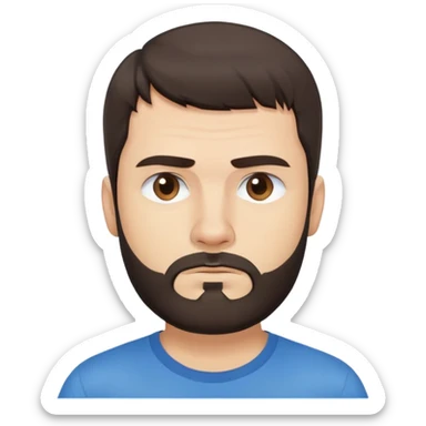 Caucasian Argentine man with straight dark brown hair, loose hairstyle with bangs, short full beard, serious-neutral expression, basic blue t-shirt sticker