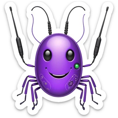 fun purple optiwatt bug with antenna, smiling face, and a tech circuit pattern on its body sticker