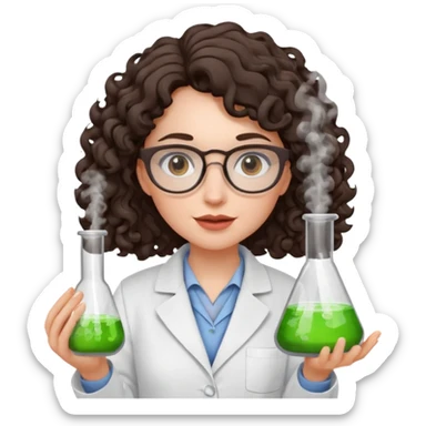 A crazy female scientist, with curly dark brown hair, brown eyes and grey glasses and pale skin  sticker