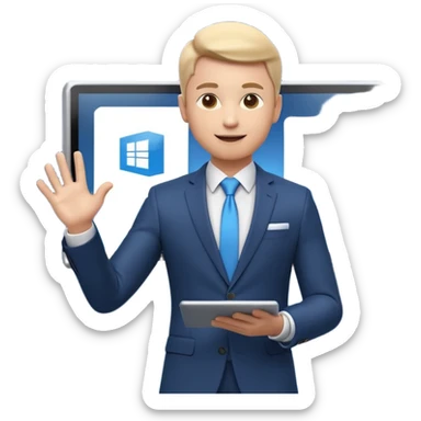 A stylized 3D emoji icon of a charismatic young male presenter on a stage, holding a tablet and gesturing enthusiastically towards a large screen behind him. The screen displays a glowing, futuristic Microsoft logo (the four squares) sticker