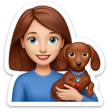 White woman with medium length brown hair and blue eyes holding a red dashound sticker