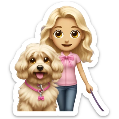 blonde girl with wavy hair taking a little fluffy dog for a walk with a pink bow and leash sticker