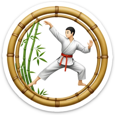 An icon symbolizing Eastern martial arts in the style of an emblem, with a black-and-white Yin-Yang symbol at the center. The design shows a martial artist performing a graceful kick, surrounded by bamboo and traditional elements. Transparent background emphasizes balance and harmony sticker