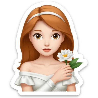 Pretty lady wearing a white silky off-the-shoulder folded neckline and holding a white flower on her right hand sticker