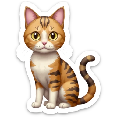 full body anxious looking colourful light calico tabby cat with hazel eyes and patchy brown tabby sections of fur sticker