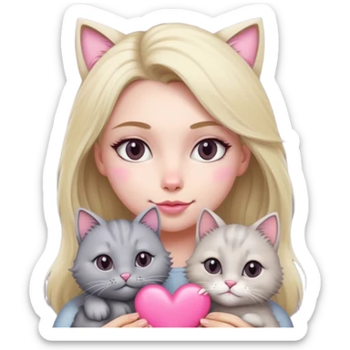blonde woman and fluffy grey cat with a pink heart sticker
